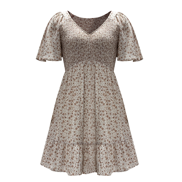 Ladies' Fashionable Casual Floral Pattern V-neck Short Sleeved Dress