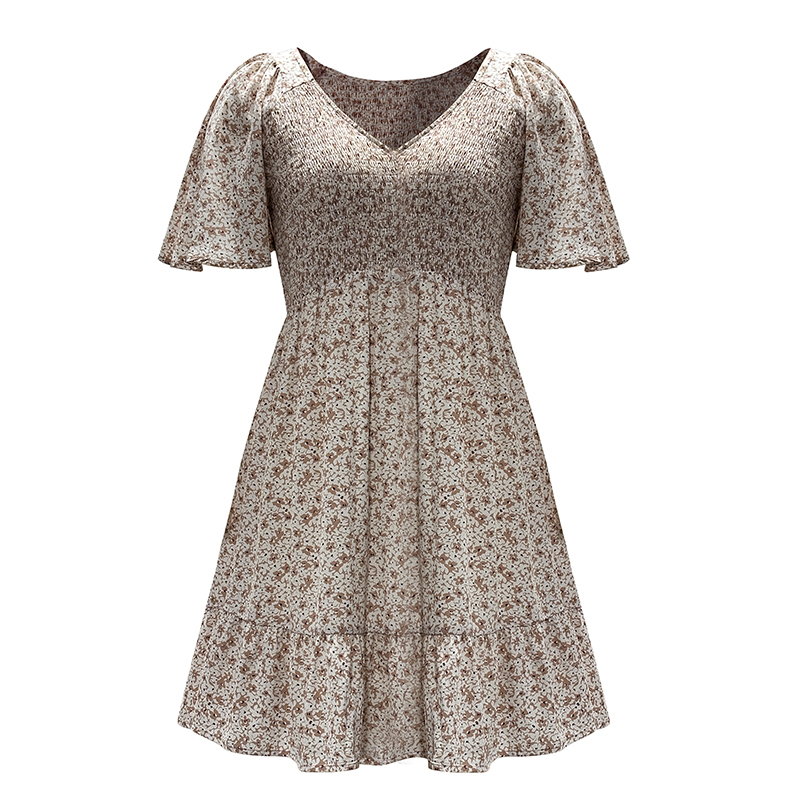 Ladies' Fashionable Casual Floral Pattern V-neck Short Sleeved Dress