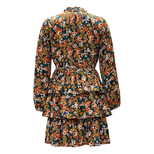 Spring And Autumn V-Neck Floral Print Long Sleeve Cake Dress Women