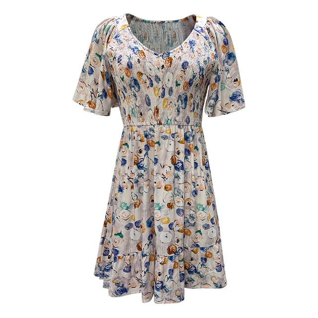 Summer Women's Waisted V-Neck Printed Short Sleeve Dresses