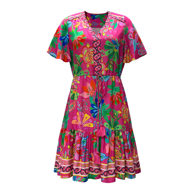 Women's V-neck Short Sleeve Printed Tie Waist Dresses