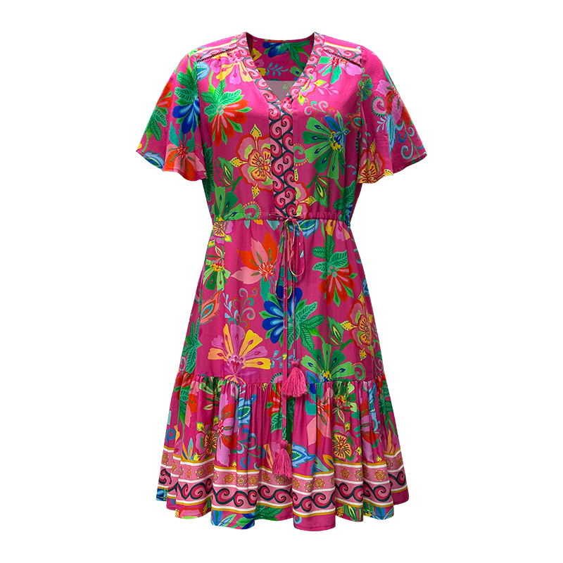 Women's V-neck Short Sleeve Printed Tie Waist Dresses