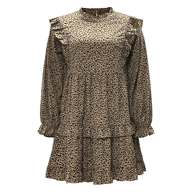 Women's Ruffle Leopard Round Neck Long Sleeve Dresses