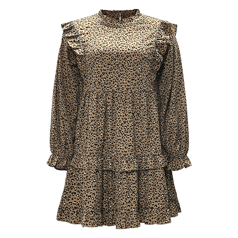Women's Ruffle Leopard Round Neck Long Sleeve Dresses