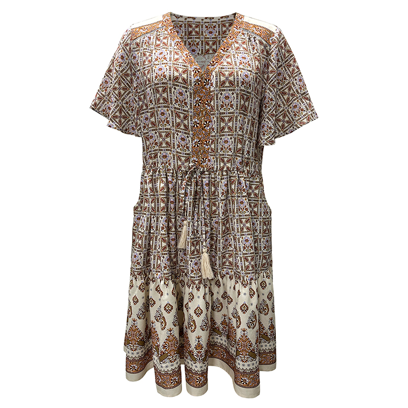 Women's Lace Embellished Short Sleeve Fashion V-Neck Printed Midi Dress Dress