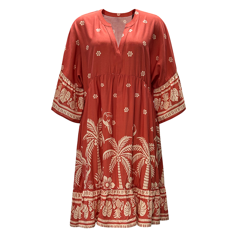 New Flared Sleeve V-Neck Printed Loose Dresses for Women