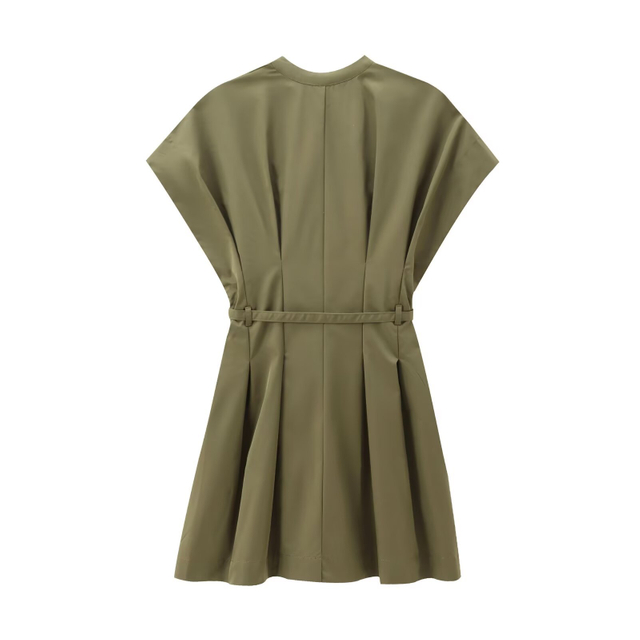 Women's Fashion Solid Color Pleated Tie Trim Loose Short Dresses