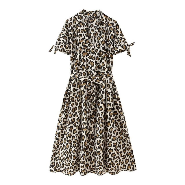 Women's V-Neck Sexy Leopard Print Waist Tie Dresses