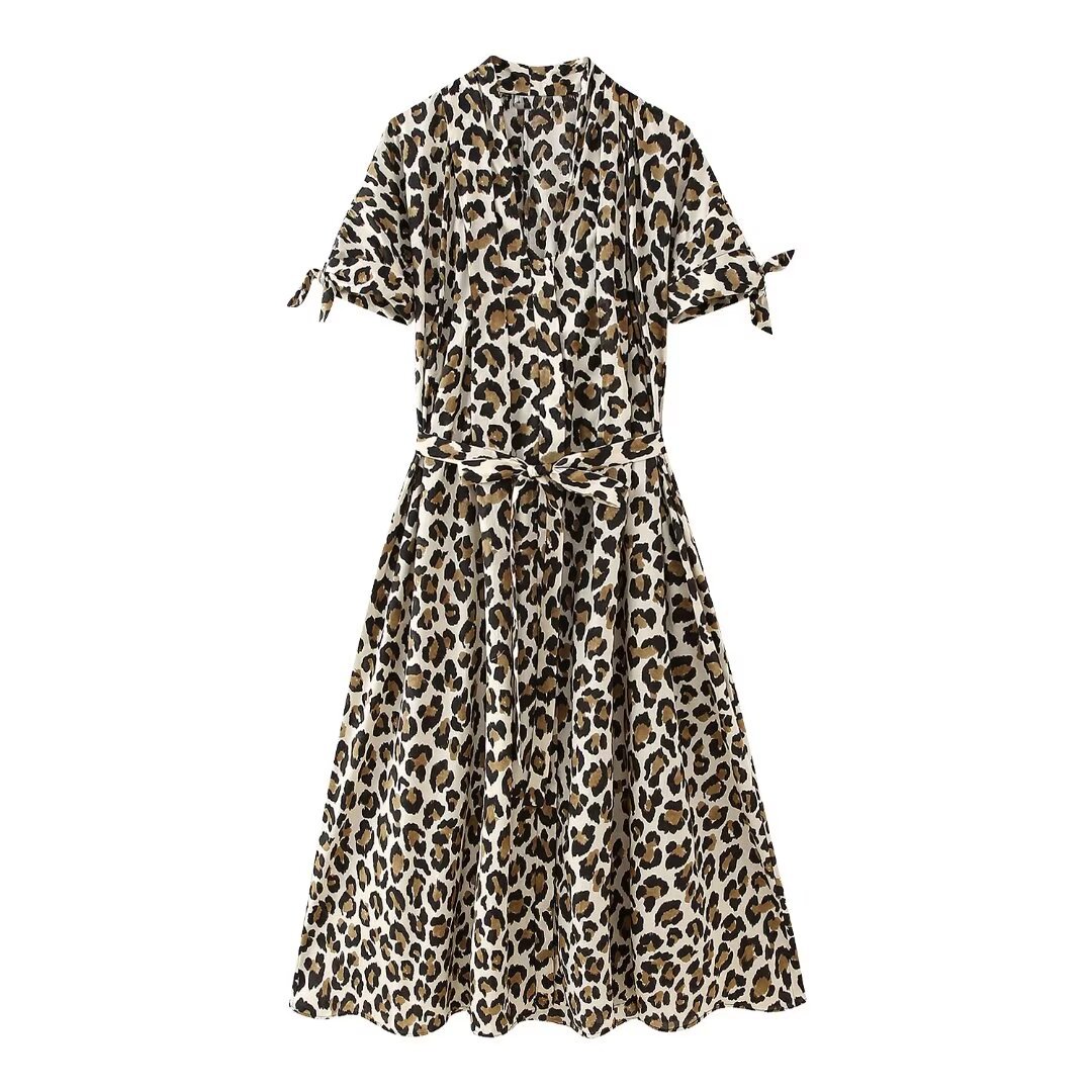 Women's V-Neck Sexy Leopard Print Waist Tie Dresses