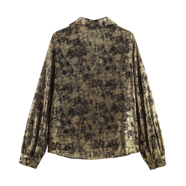 Spring New Ladies Fashion Long-sleeved Lapel Metal Foil Shirt 