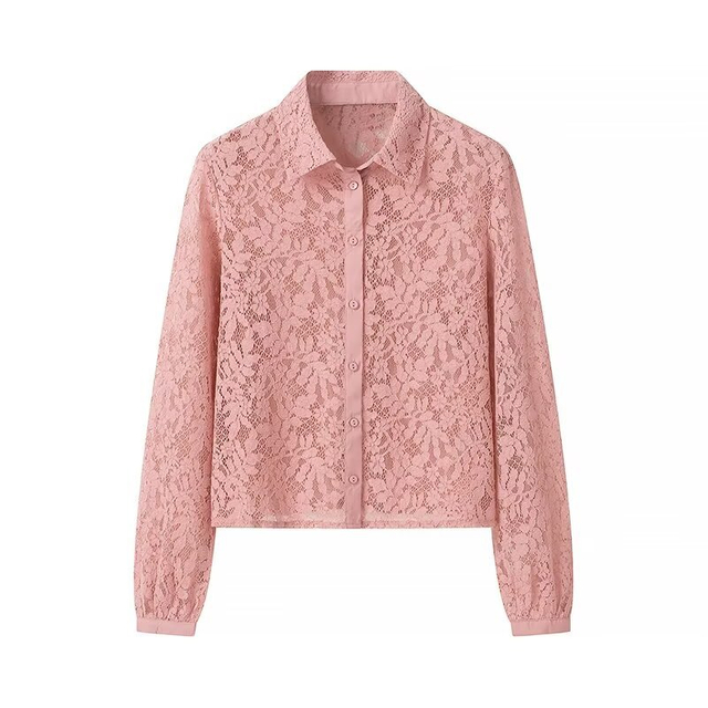 Women's Fashion Simple Versatile Temperament Lapel Long-sleeved Lace Shirt