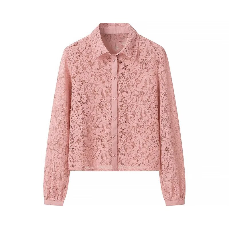 Women's Fashion Simple Versatile Temperament Lapel Long-sleeved Lace Shirt