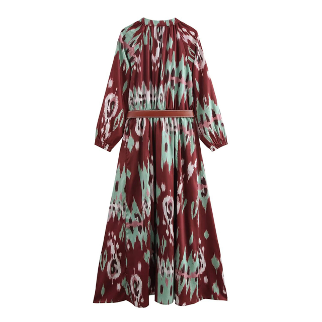 Europe And The United States Temperament Fashion V-neck Long-sleeved Printed Waist Long Dress Female