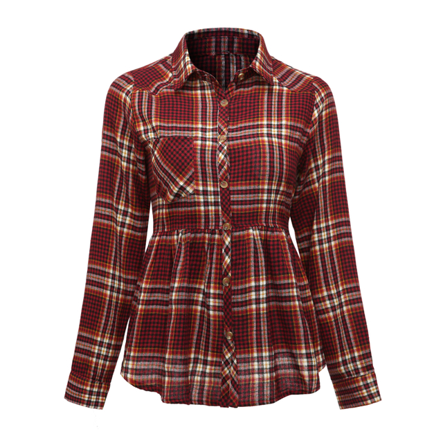 Women's Round Collar Plaid Casual Fashion Long Sleeve Shirt