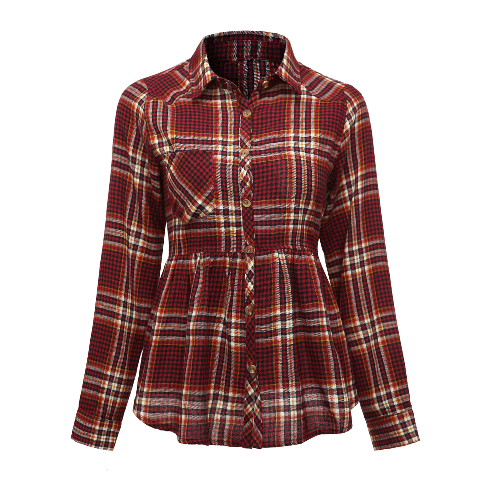 Women's Round Collar Plaid Casual Fashion Long Sleeve Shirt