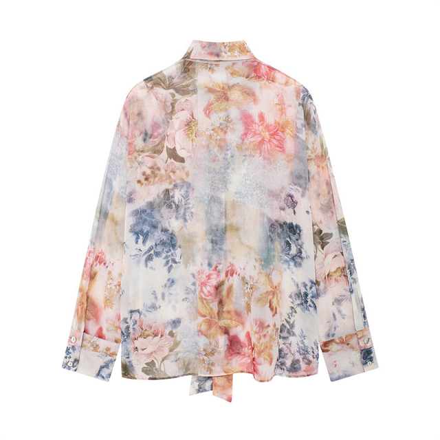 Women's Fashion Casual Printed Bow Trim Long Sleeve Shirt