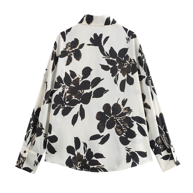 Women's Fashion Casual Lapel Printed Satin Texture Shirt