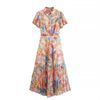 Summer New Refreshing Shirt Collar Chiffon Printed Bubble Sleeve Dress Long Women