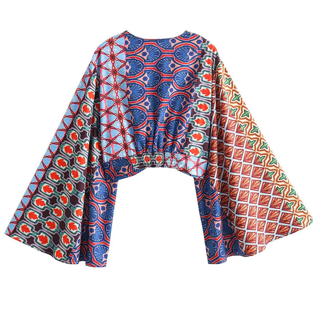 Women's Europe And The United States Wind V-neck Printed Bell-sleeved Blouse