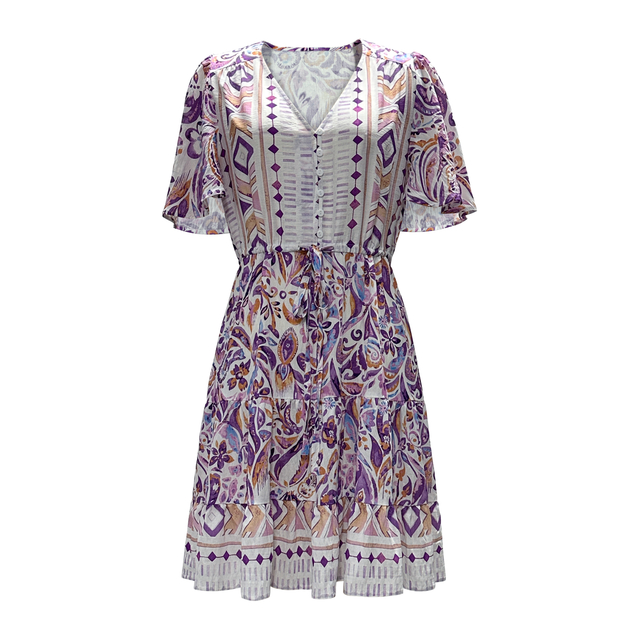 Women's Waist Tie Boho Printed Dress Beach Vacation V-Neck Skirt