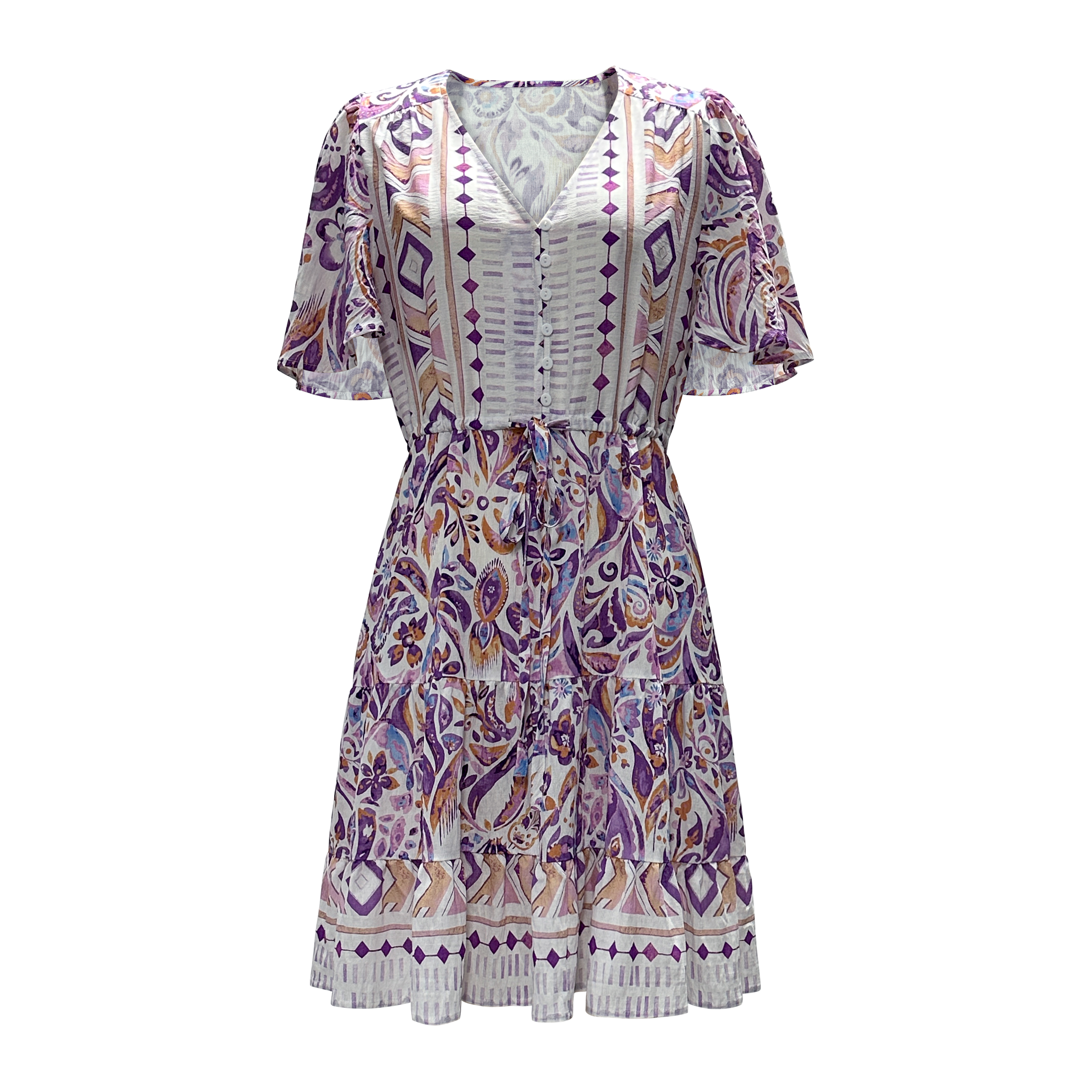 Women's Waist Tie Boho Printed Dress Beach Vacation V-Neck Skirt