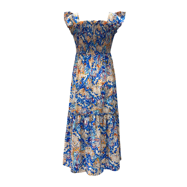 Women's Wide Straps Ruffle Printed Slim Dresses