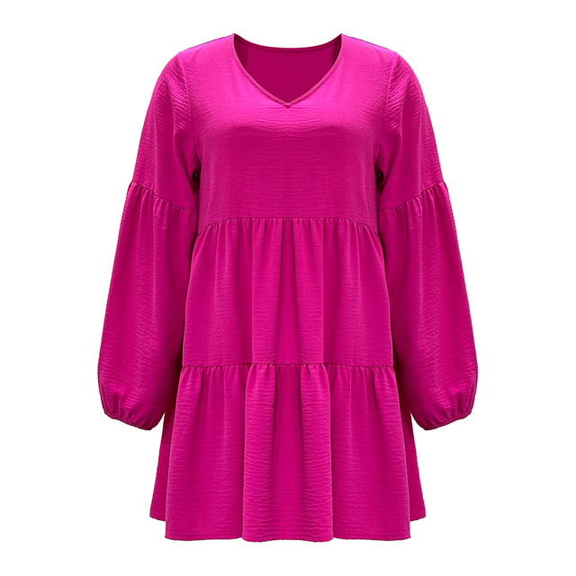 Spring And Autumn V-neck Solid Color Splicing Lantern Long-sleeved Loose Dress Female