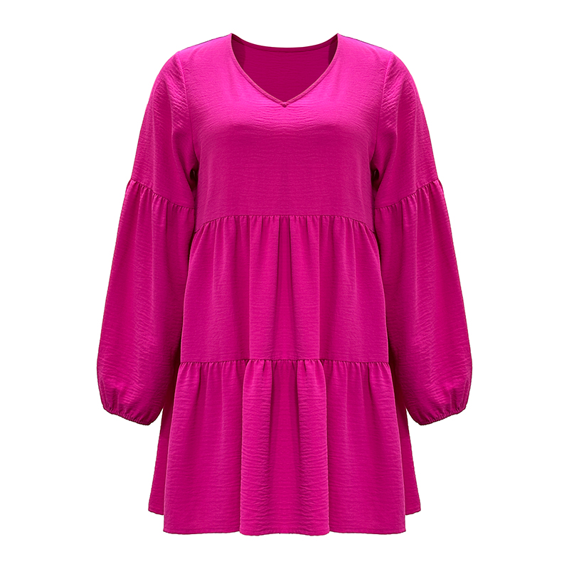 Spring And Autumn V-neck Solid Color Splicing Lantern Long-sleeved Loose Dress Female