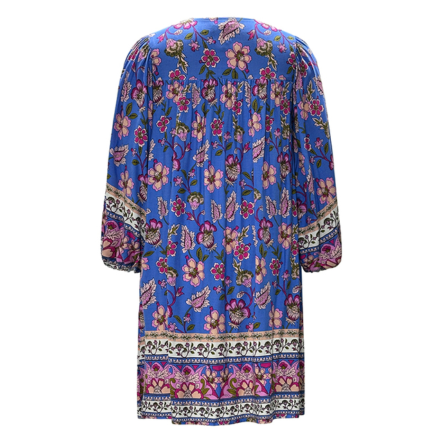 Women's Bohemian Printed Dresses Long Sleeve Round Neck Tie Dresses