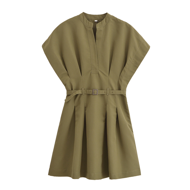 Women's Fashion Solid Color Pleated Tie Trim Loose Short Dresses