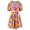 Women's Summer V-Neck Printed Beach Dress Lantern Sleeve Short Dresses