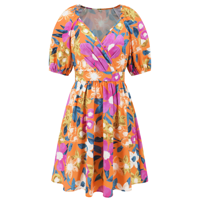 Women's Summer V-Neck Printed Beach Dress Lantern Sleeve Short Dresses