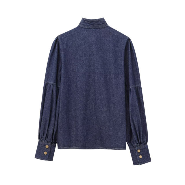 Women's Vintage Tie Bow Design College Denim Shirt