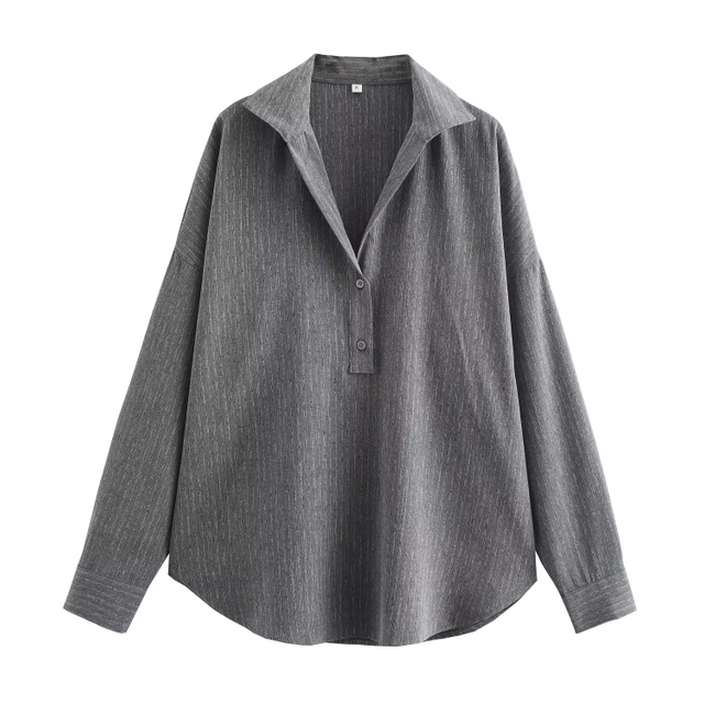 Women's Fashion Gray Stripe Polo Collar Long Sleeve Shirt