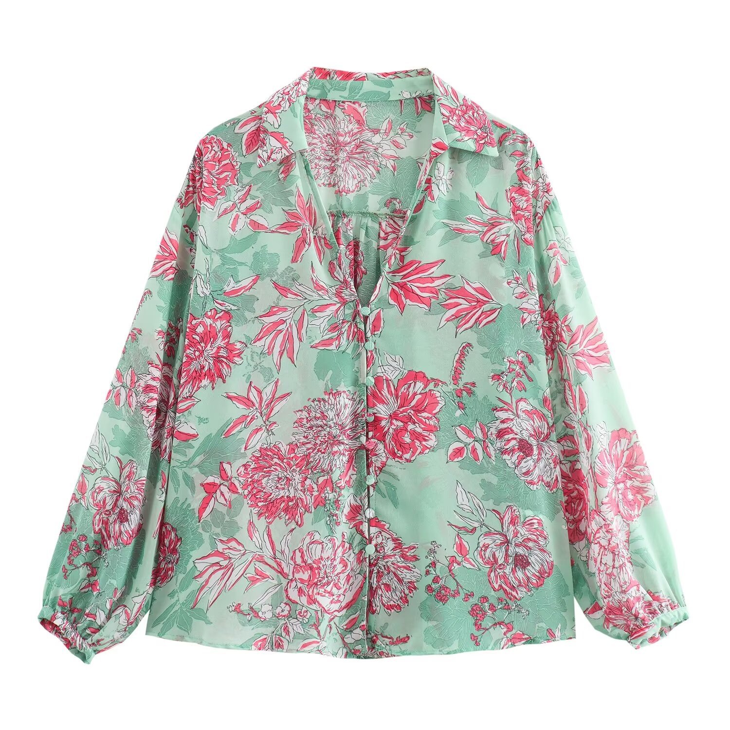 Women's Summer New Retro Style Casual Lapel Long Sleeve Floral Printed Shirt