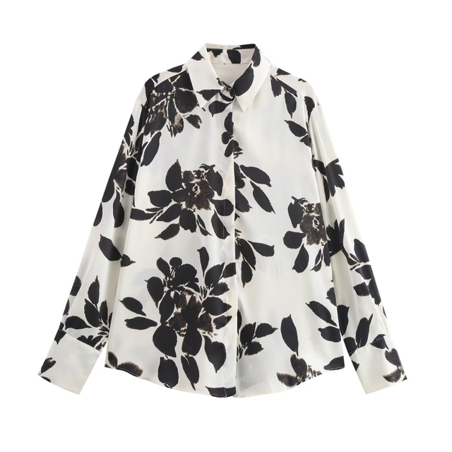 Women's Fashion Casual Lapel Printed Satin Texture Shirt