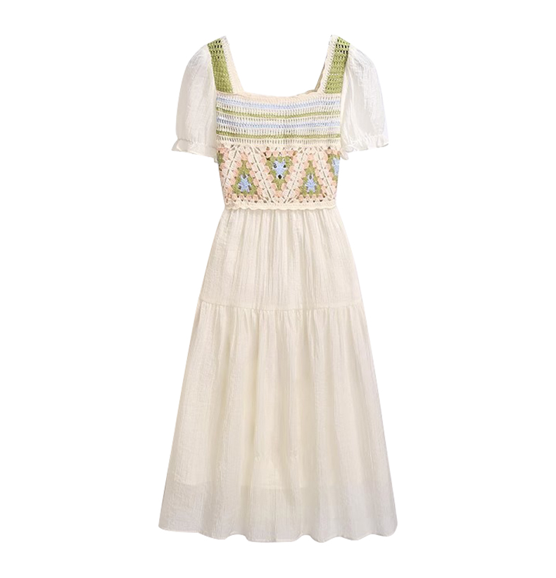 Bohemian Rustic Style Bubble Sleeve Dress Summer New Square Neck Color Blocking Receive Waist Midi Dresses Female