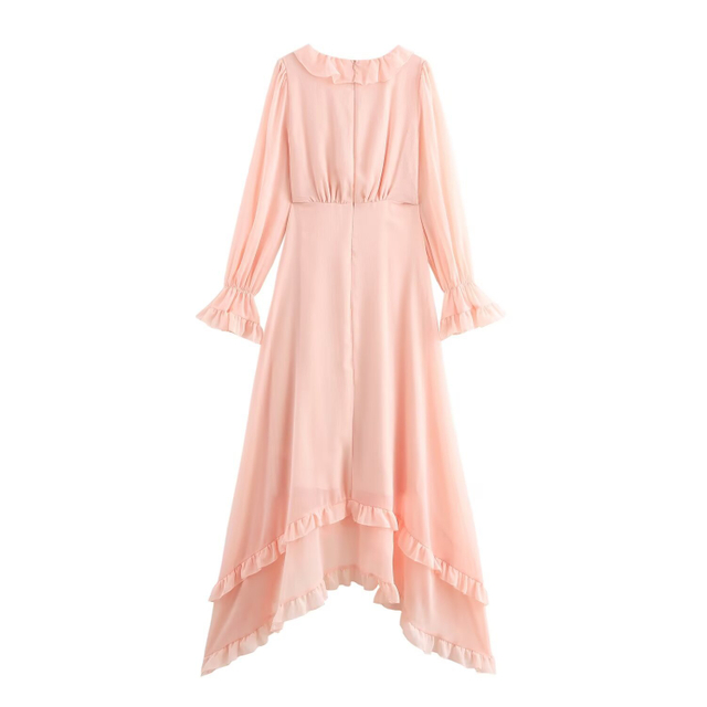 French Vintage V-Neck Long Sleeve Ruffle Trim Temperament Vacation Dress Women