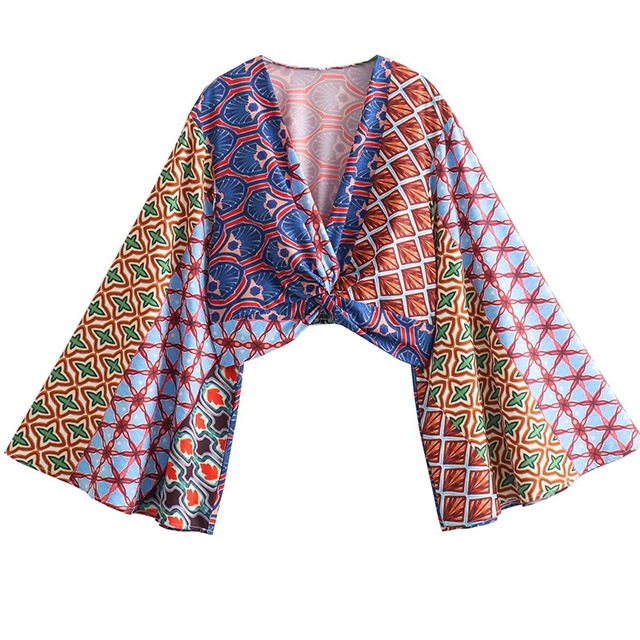 Women's Europe And The United States Wind V-neck Printed Bell-sleeved Blouse