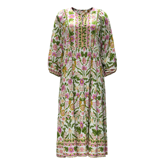 Women's Round Neck Floral Print Long Sleeve Long Dresses