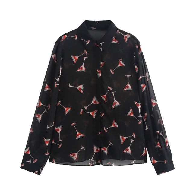 Women's Fashion Long Sleeve Lapel Semi-sheer Loose Casual Printed Shirt