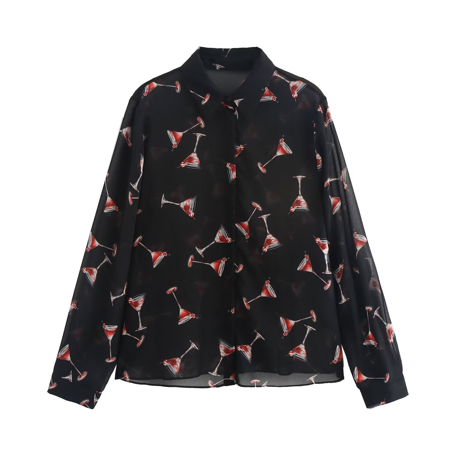 Women's Fashion Long Sleeve Lapel Semi-sheer Loose Casual Printed Shirt