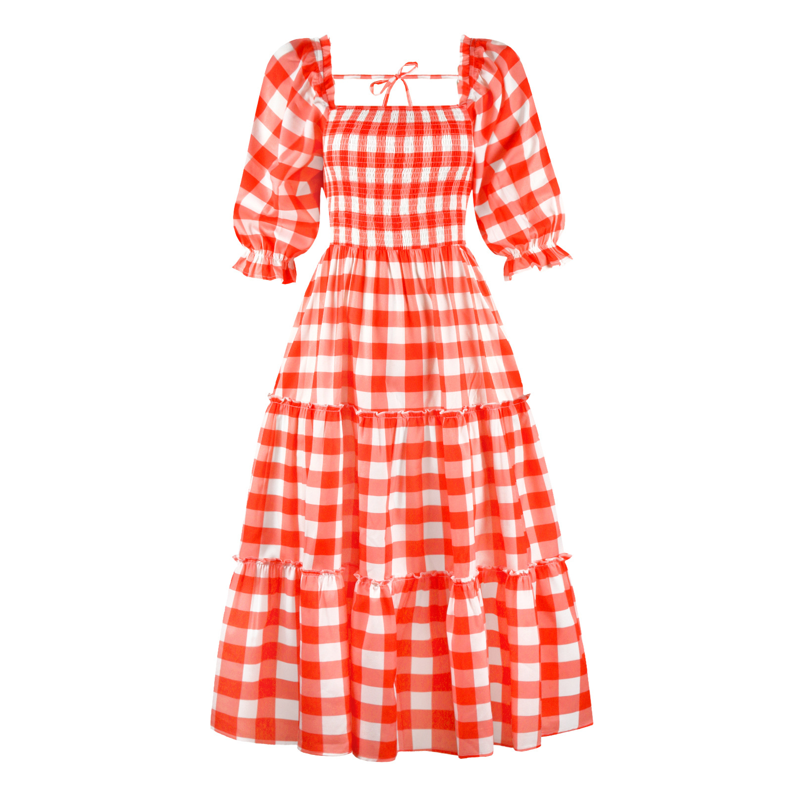 Women's Fashion Digital Printing Temperament Elegant Dress Square Neck French Vacation Ruffle Waisted Hot Long Dresses