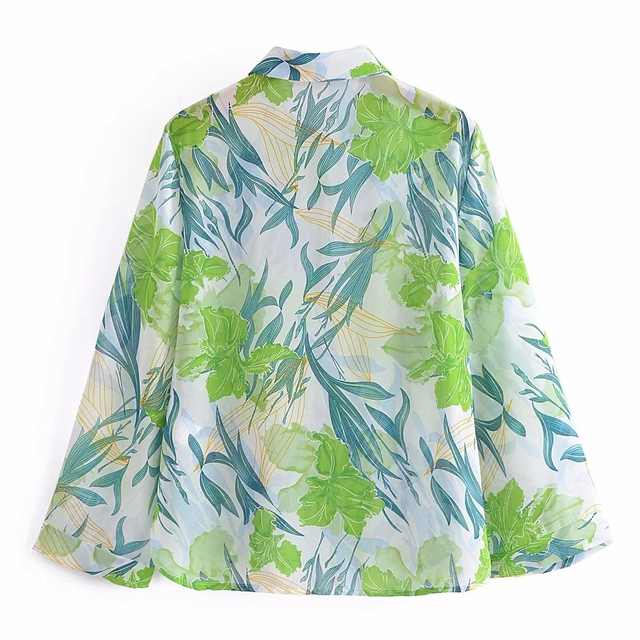 Women's Loose Slim Lapel Flared Sleeve Green Printed Shirt