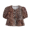 Ladies Casual Retro Slim Leopard Print Bubble Short Sleeve Shirt