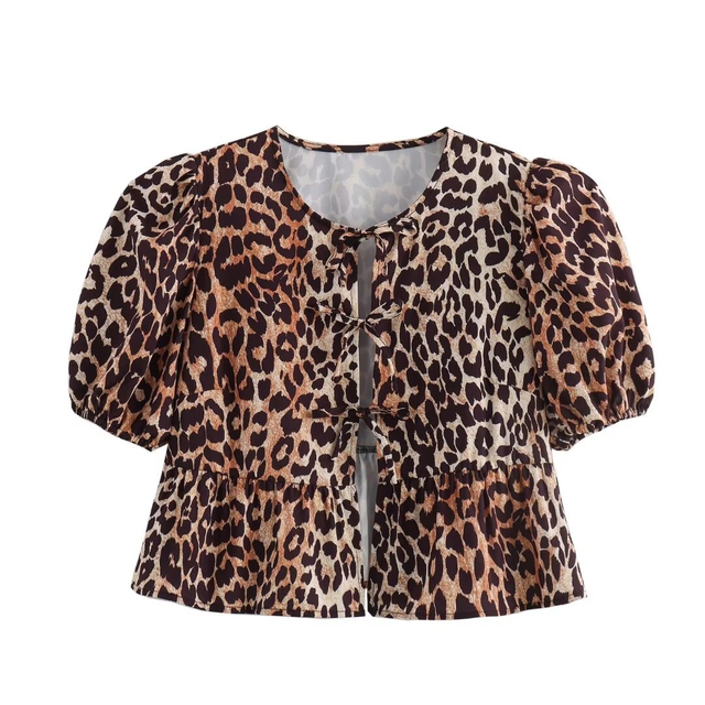 Ladies Casual Retro Slim Leopard Print Bubble Short Sleeve Shirt