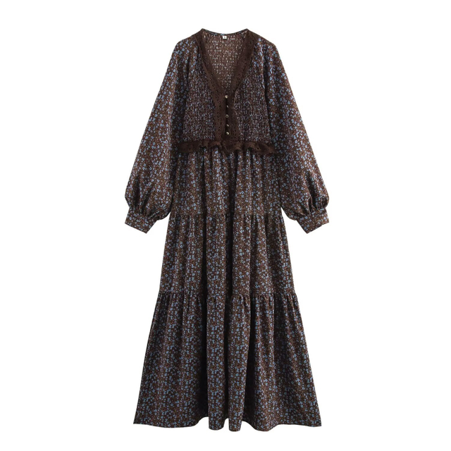 Women's Vintage Style Spell Lace V-Neck Small Floral Long Dresses