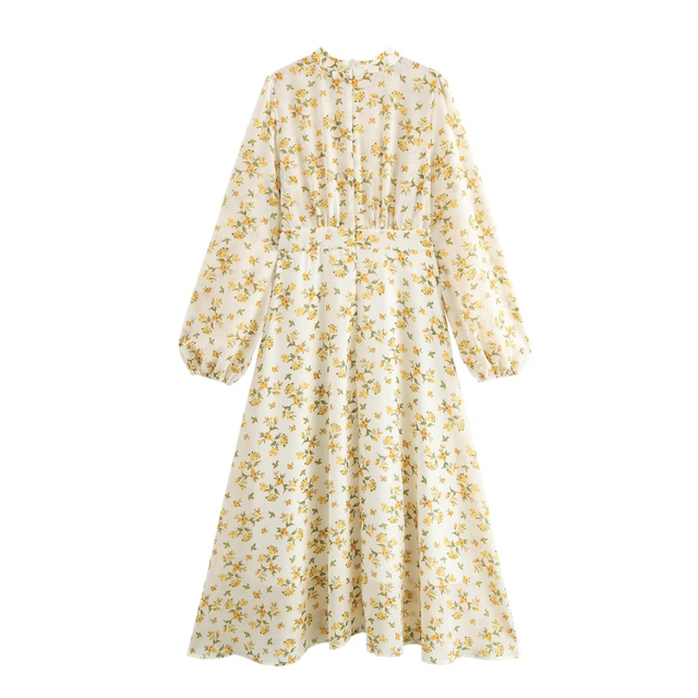 Europe And The United States Wind Fall Women's Small Flowers Long-sleeved Medium-length Dresses