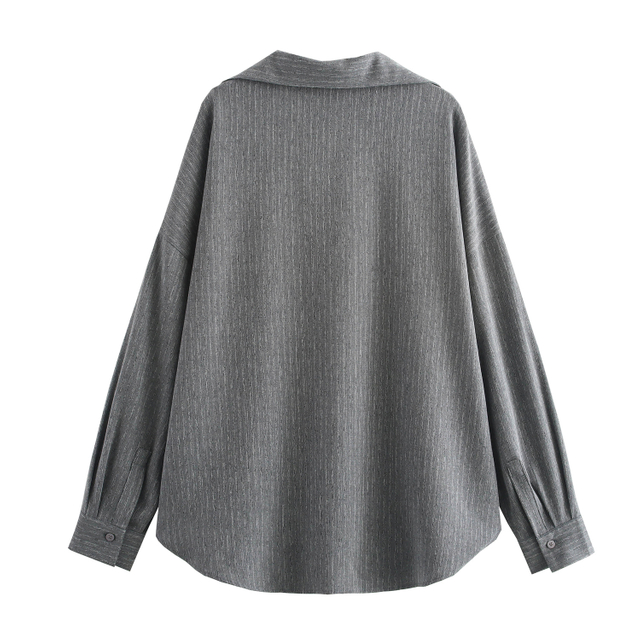 Women's Fashion Gray Stripe Polo Collar Long Sleeve Shirt