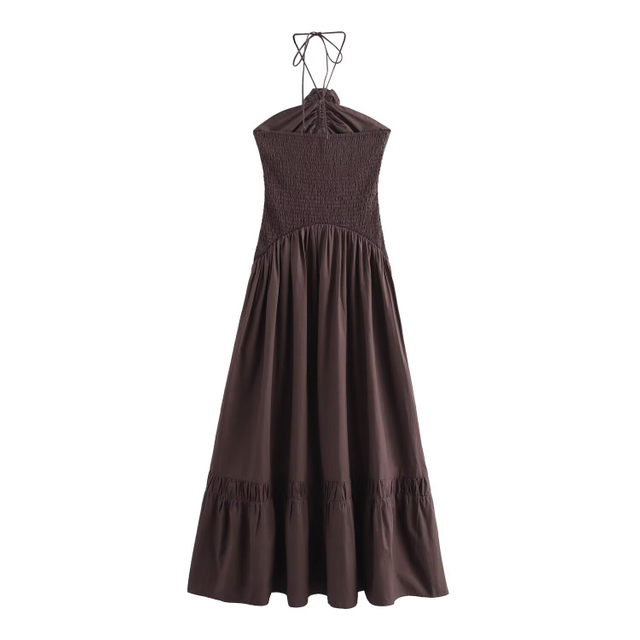 Summer New Women's Solid Color Pullover Sleeveless Hanging Neck Tie Flower Decoration Long Dresses Dresses